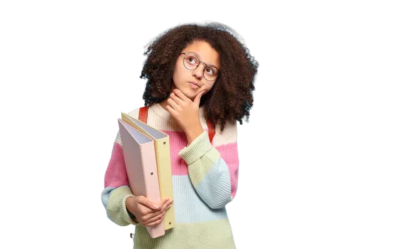 A thoughtful high school student holding binders contemplates her study options