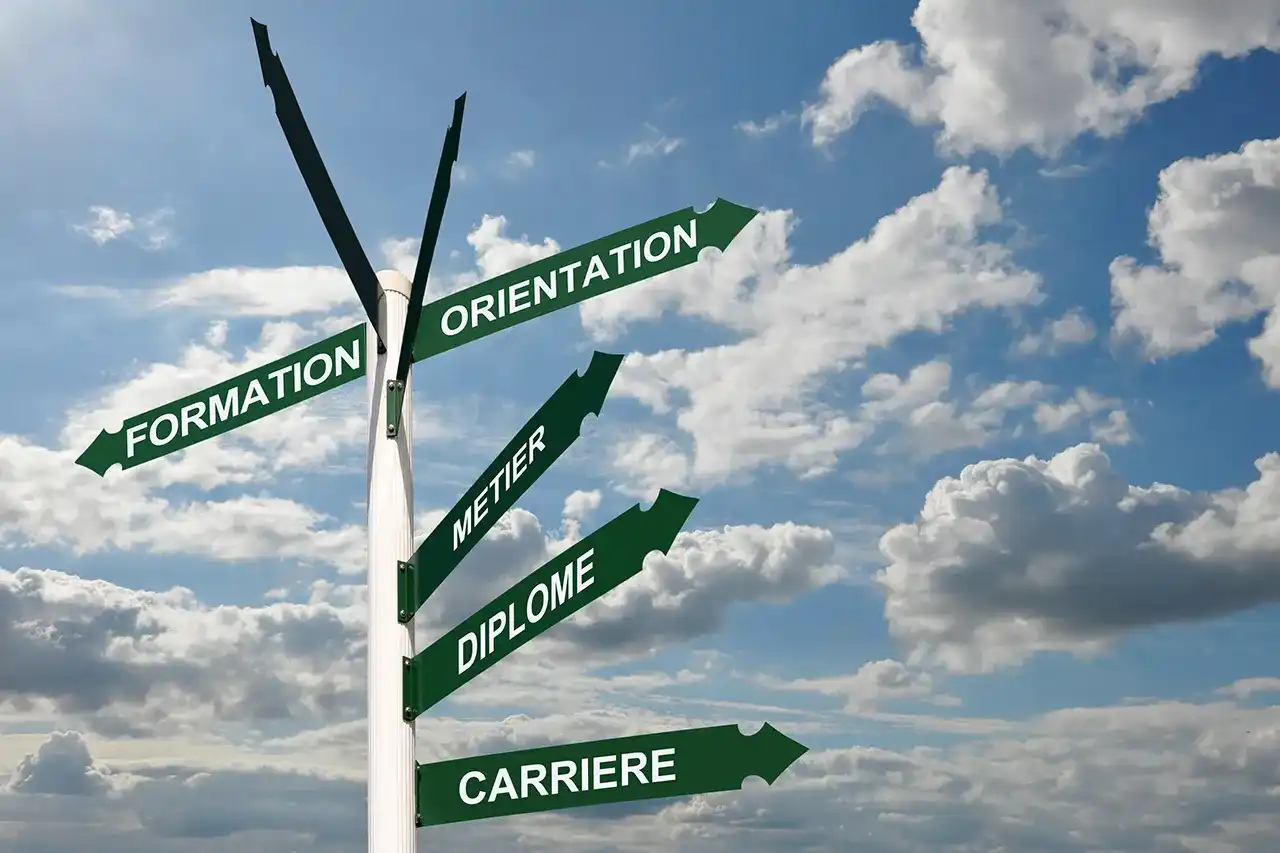 Career orientation concept with a signpost showing paths for Formation, Metier, and Diplome.